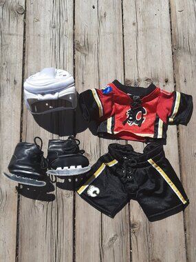 Build A Bear Clothing Calgary Flames Hockey Outfit Skates Helmet